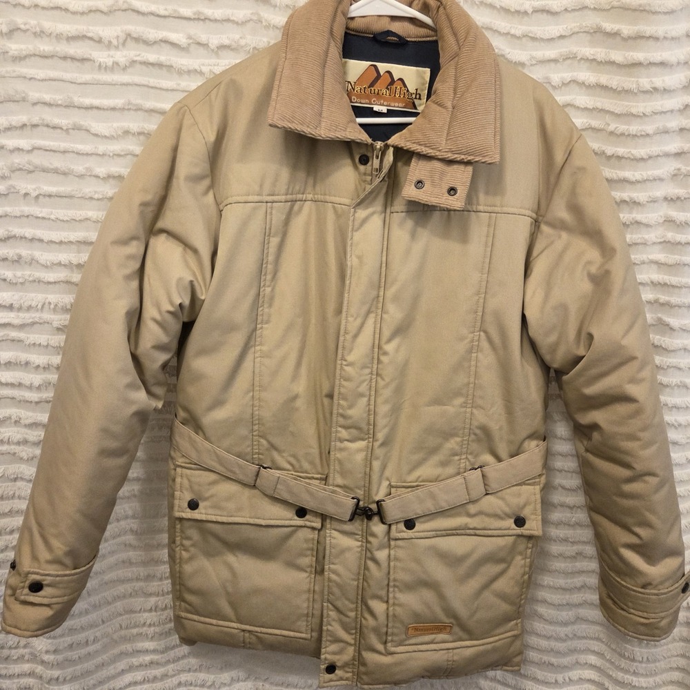 Vintage Natural‎ High Chore Style Down Puffer Jacket Corduroy Collar Tan Sz M